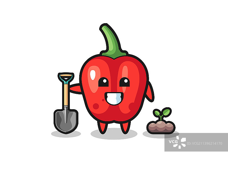 可爱红色甜椒卡通正在植树图片素材
