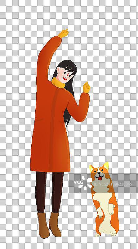 欢呼的女孩和站立的柯基图片素材