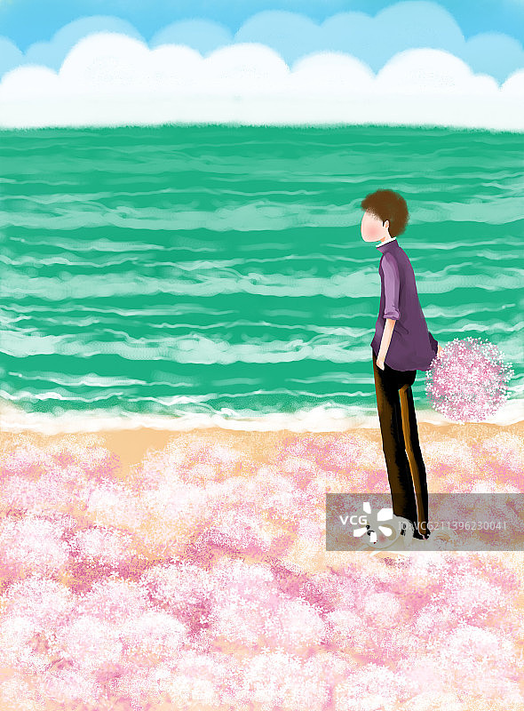 唯美插画 站在海边拿着花束的男子图片素材