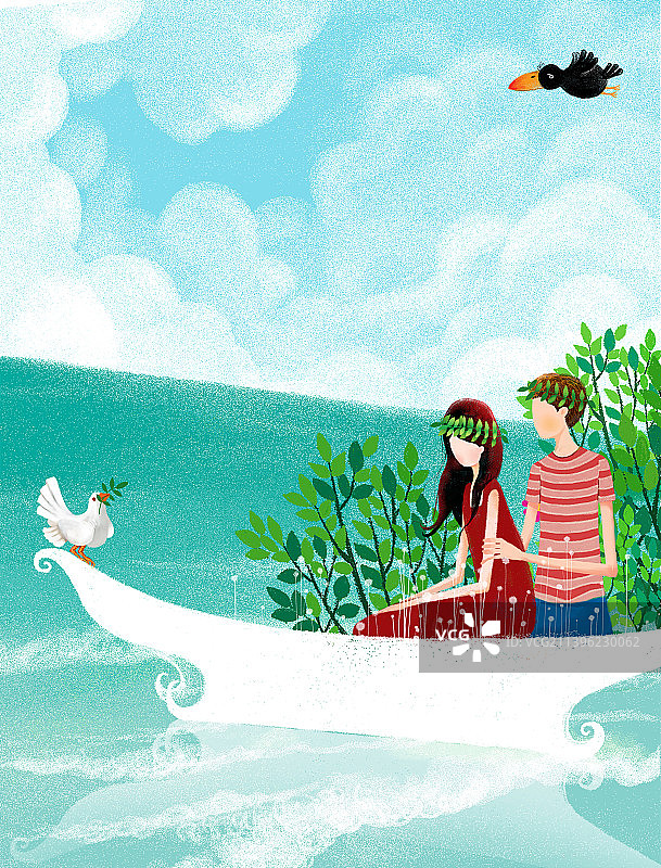 唯美插画 坐在床上的情侣图片素材