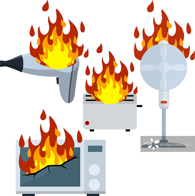 着火的家用电器和损坏的烤面包机图片素材