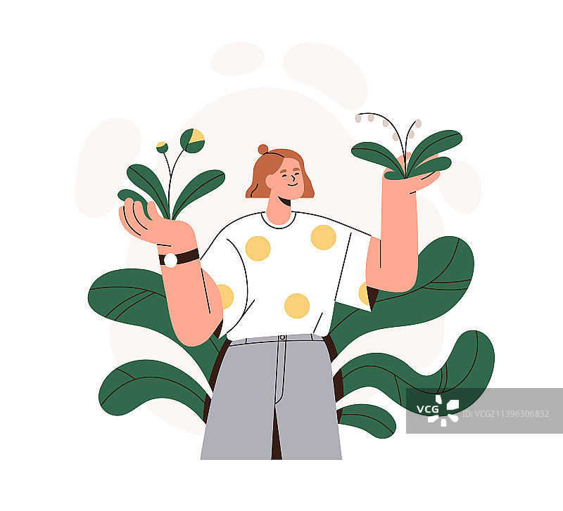 在花园里与植物在一起的快乐女人图片素材