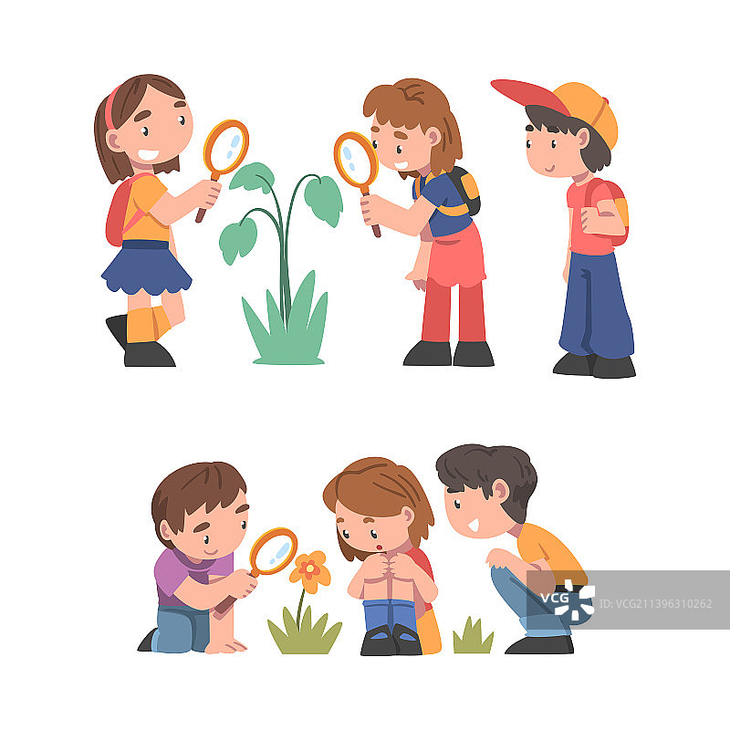 开花附近好奇的男孩和女孩图片素材