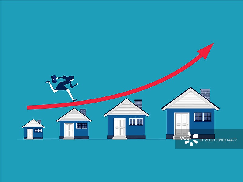 房地产增长：女商人奔跑在房屋上图片素材