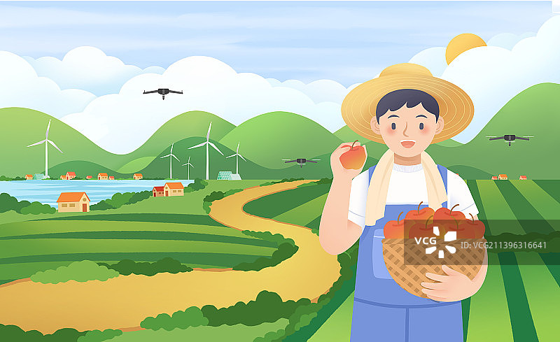 卡通乡村振兴农民收获插画图片素材
