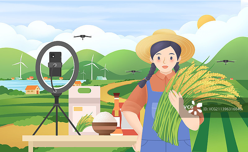 卡通乡村振兴直播卖货插画图片素材