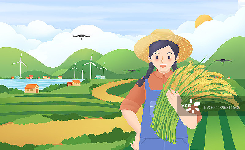 卡通乡村振兴农民收获插画图片素材