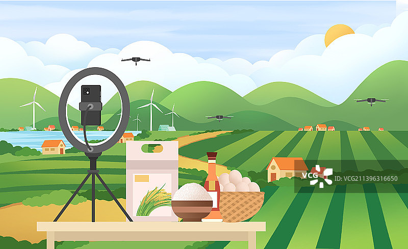 卡通乡村振兴直播卖货插画图片素材