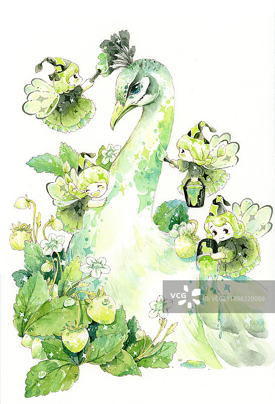 水彩·绿孔雀图片素材