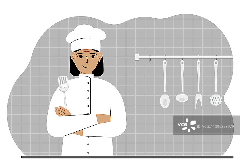 快乐的女厨师拿着厨房抹刀图片素材