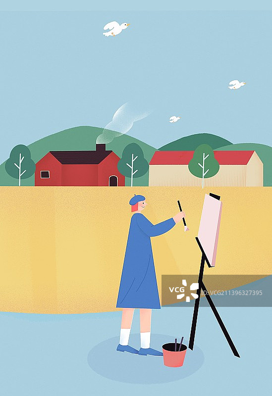 女生乡间小路绘画风景图片素材