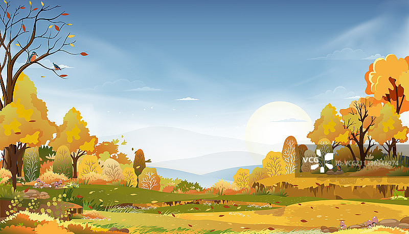 夕阳下的秋季乡村景色图片素材
