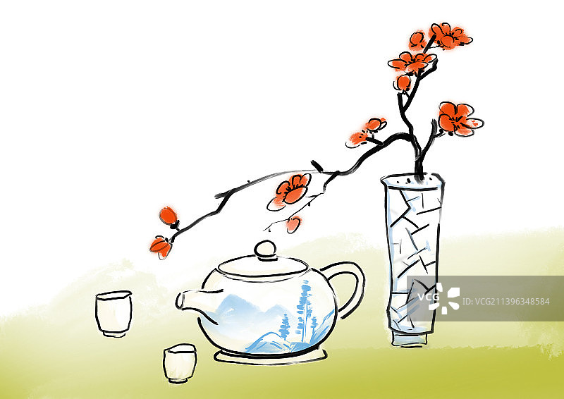 国风水墨插画秋天节气下午茶图片素材