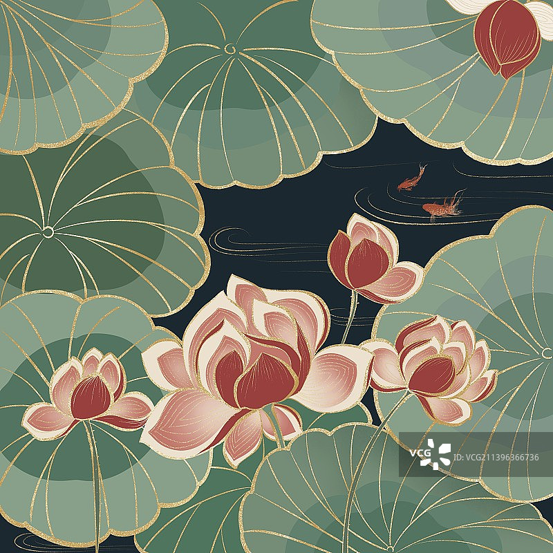 烫金国潮风花卉荷花插画图片素材