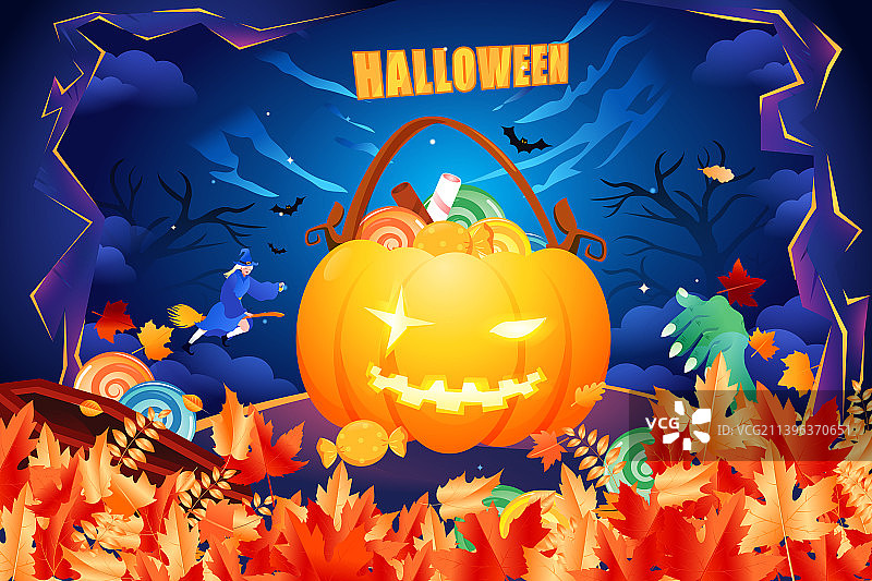 卡通万圣节派对庆祝西方节日娱乐休闲活动购物电商促销装扮约会出游怪物女巫鬼怪角色扮演渐变背景矢量插画图片素材