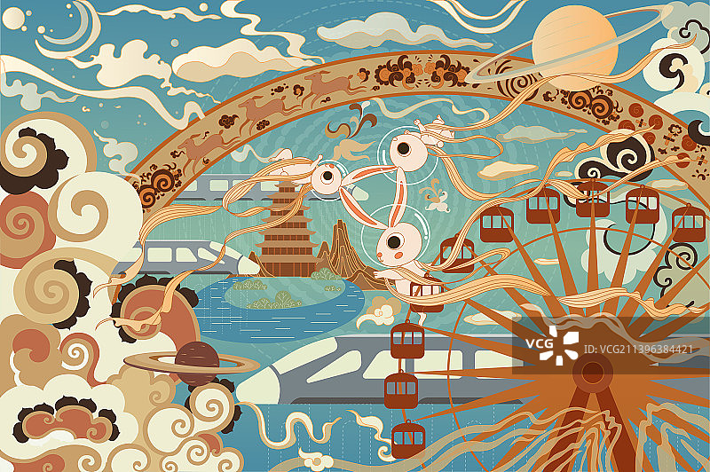 三只兔子的敦煌中秋之未来梦想地图片素材