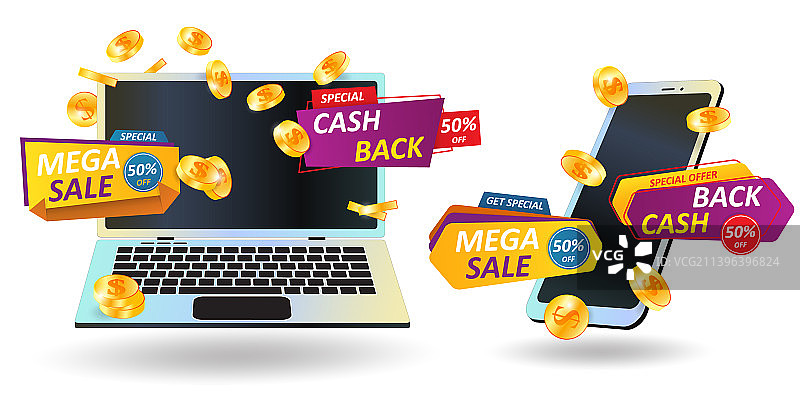返现标签智能手机和电脑图片素材