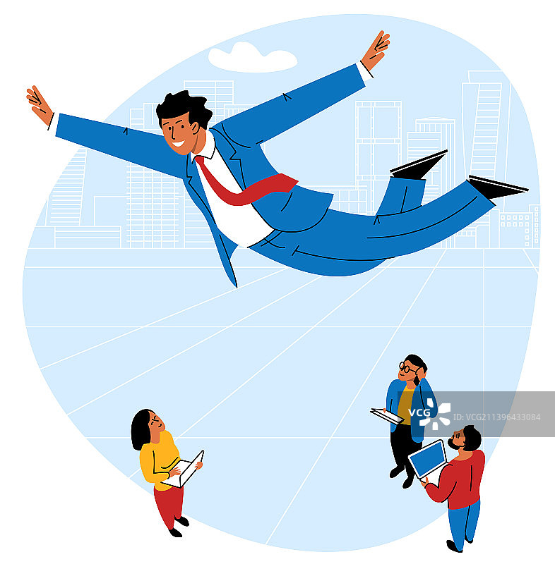 男子在城市上空飞行图片素材