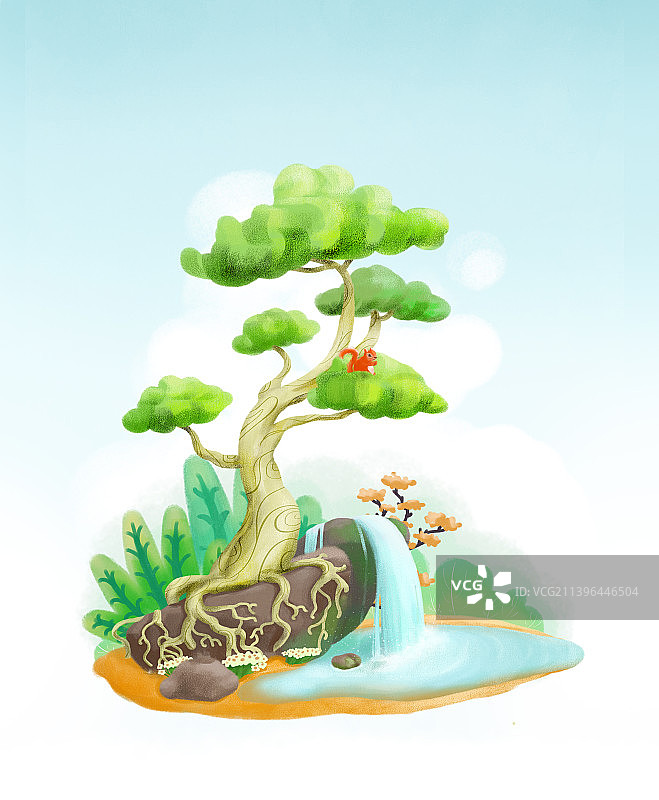 瀑布岩石树上松鼠嬉戏图片素材