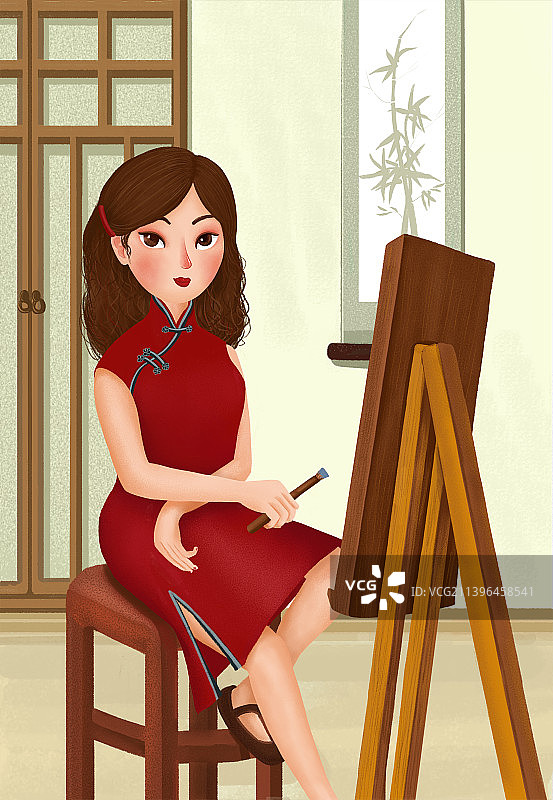 坐在椅子上画画的女孩插画图片素材