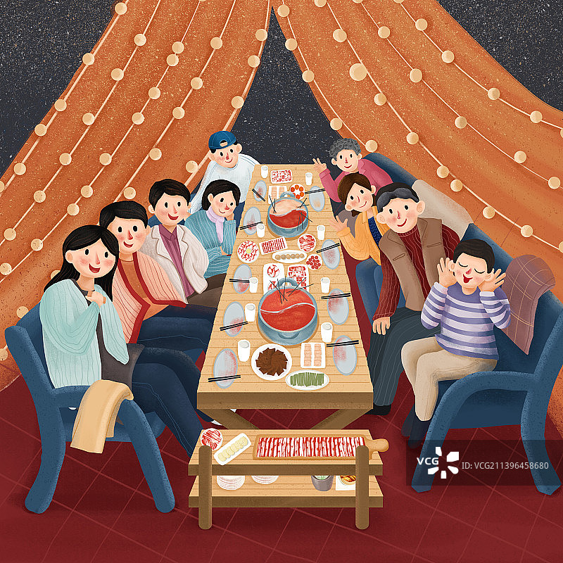 一家人露营吃火锅插画图片素材