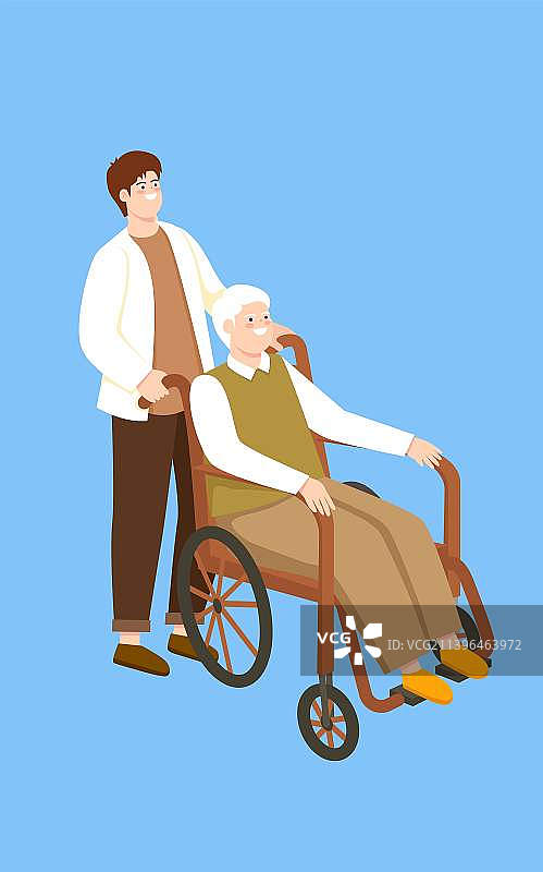 年轻人推着一位座在轮椅上的老人插画元素图片素材