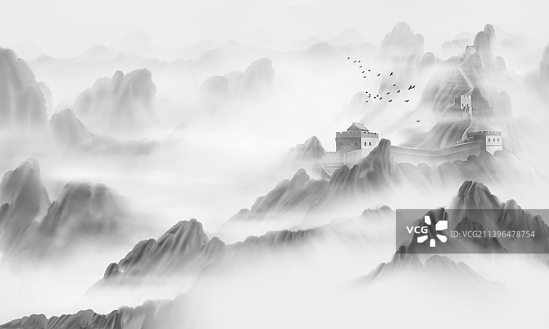 万里长城水墨山水画长城国画图片素材