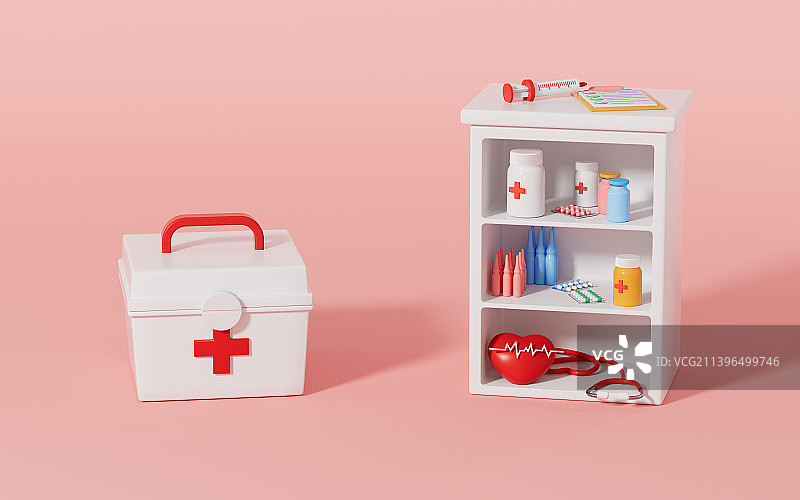 放满药物的药柜与药箱3D渲染图片素材