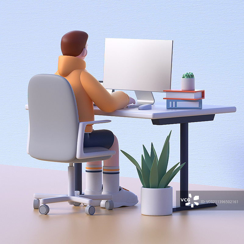 3D建模的在办公室办公的人物背面图片素材