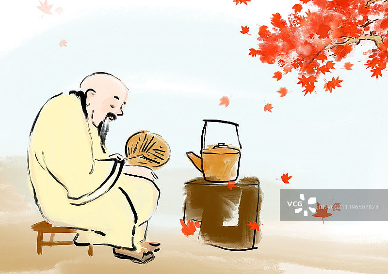 国风水墨插画秋天节气下午茶图片素材