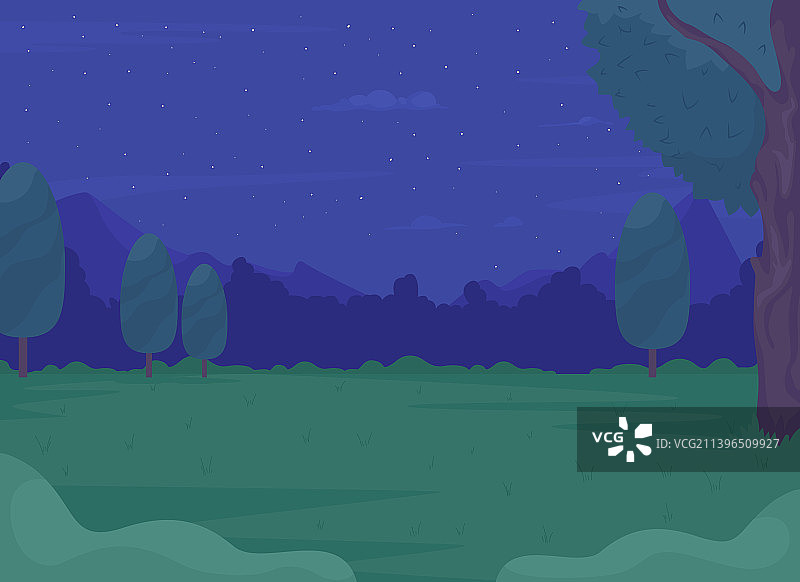 夏日森林与古老山脉扁平风夜景图片素材