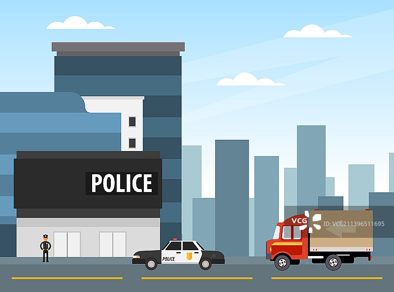 身穿制服的男警官与警车工作图片素材