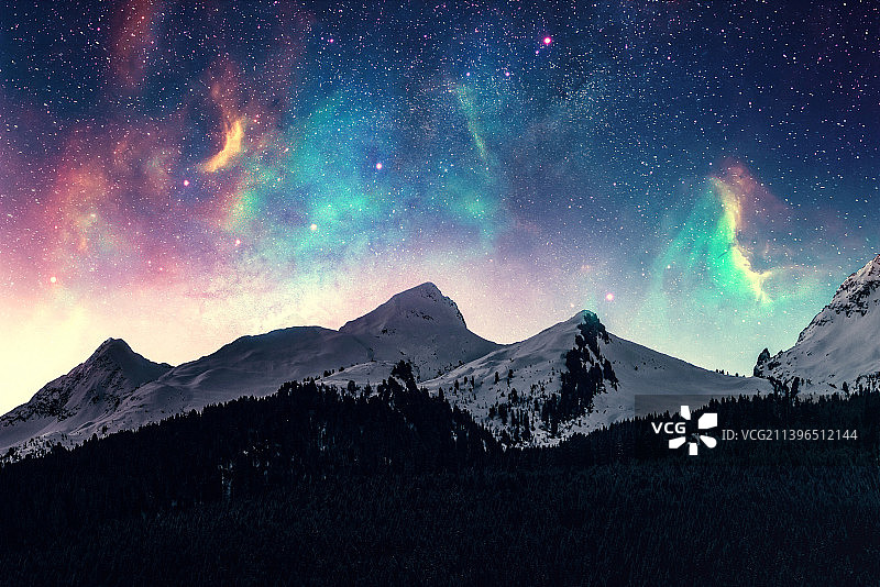 梦幻星空极光雪山山脉风光背景图片素材