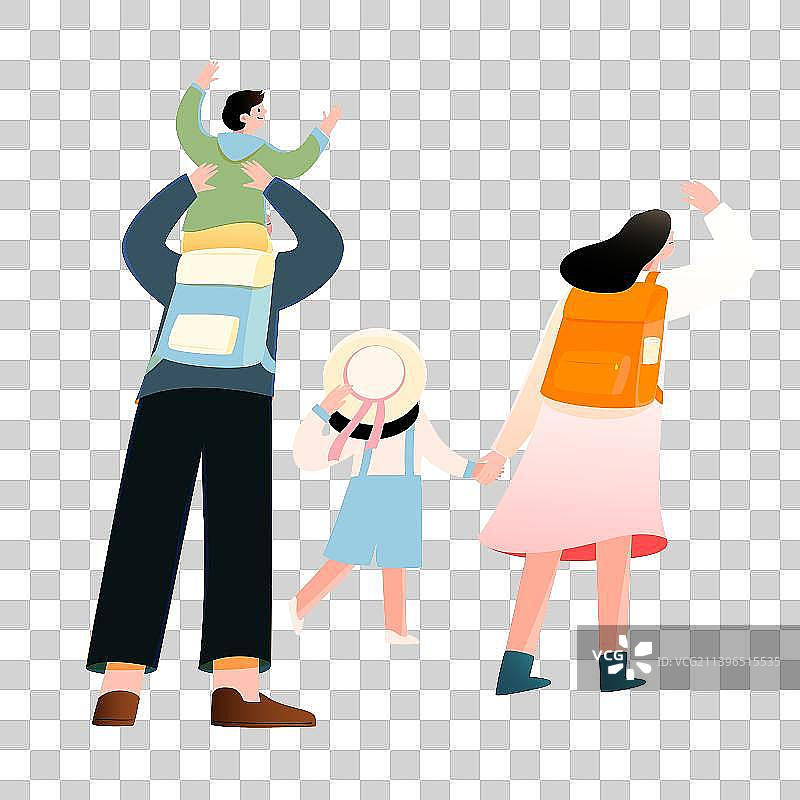 一家四口快乐出行矢量人物插画元素图片素材