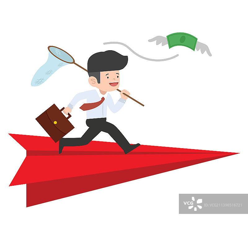 在红色纸飞机上抓钱的商人图片素材