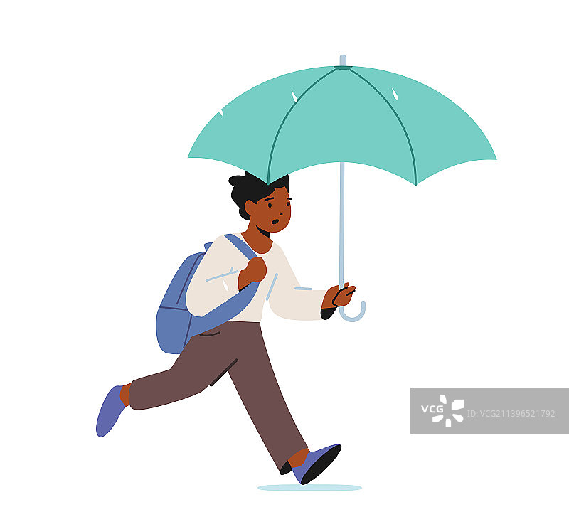 非洲小男孩打着伞背着书包奔跑图片素材