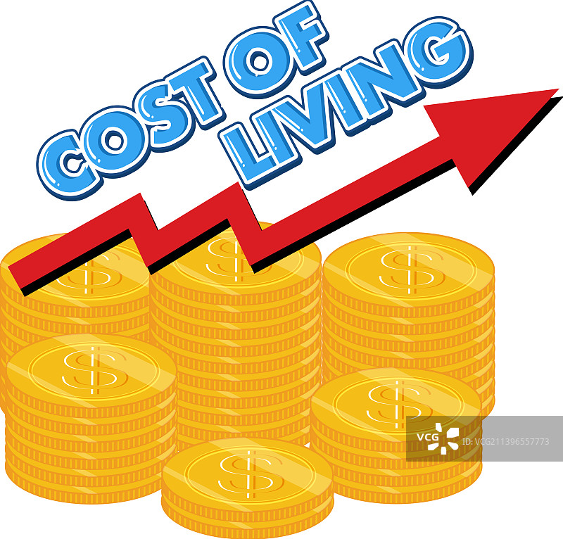 带有硬币堆的生活成本文字标志图片素材