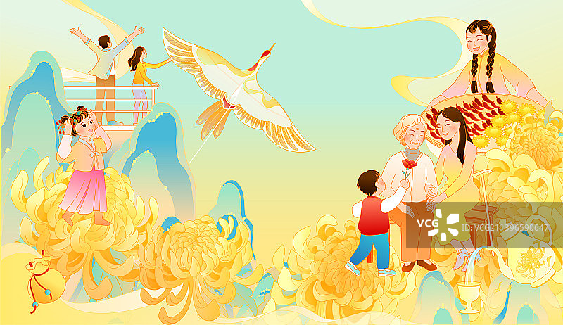重阳节赏菊敬老佩茱萸登高晒秋放纸鸢插画图片素材