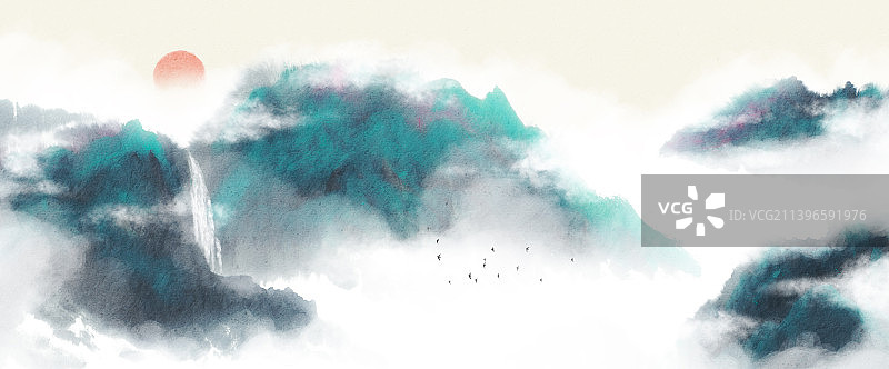 青绿山水新中式风格风景插画图片素材