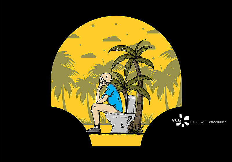 坐在户外厕所上的骷髅人图片素材