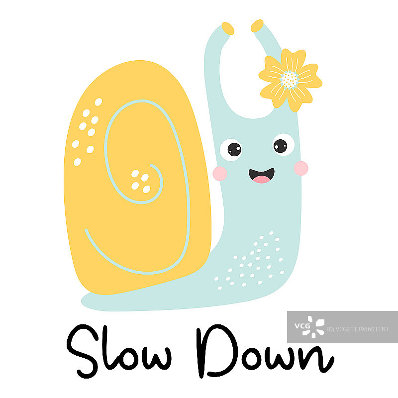 可爱的快乐黄蓝色蜗牛女孩与花朵图片素材