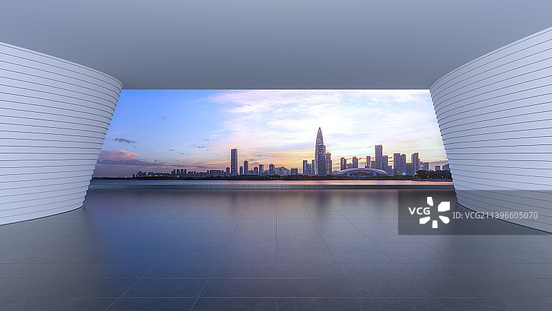 现代建筑空间平台与城市天际线夜景图片素材