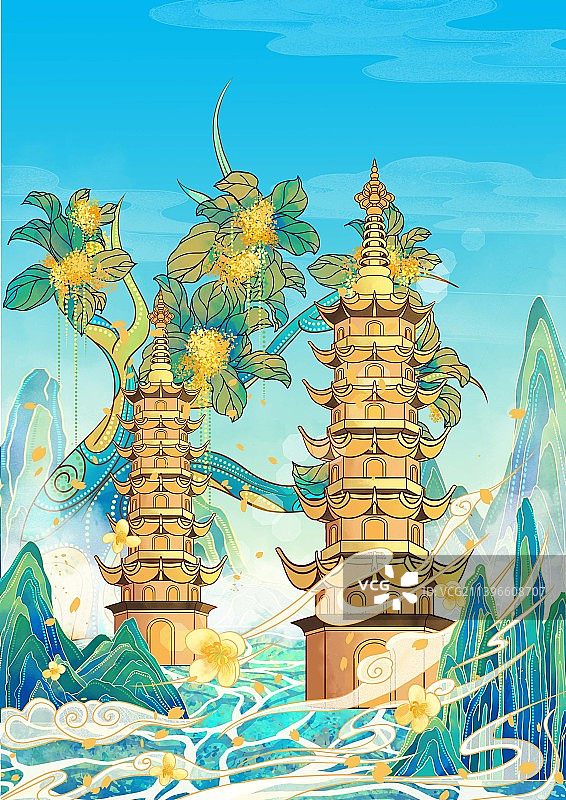 苏州地标古建筑国风插画定慧寺双塔图片素材