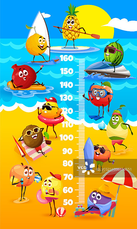 儿童身高表与卡通水果在海滩上图片素材