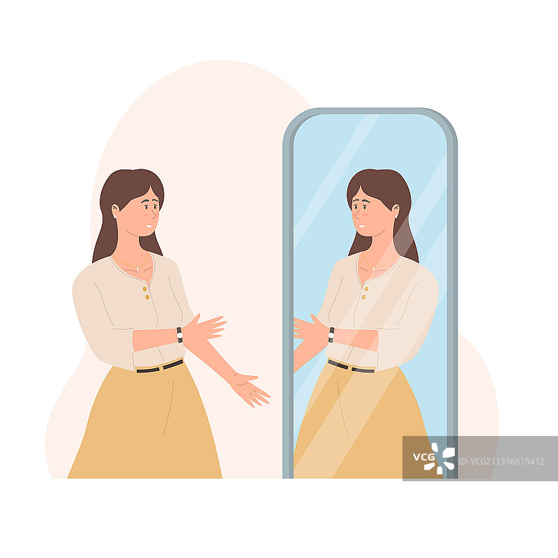 在镜子里看起来很时尚漂亮的年轻女孩图片素材