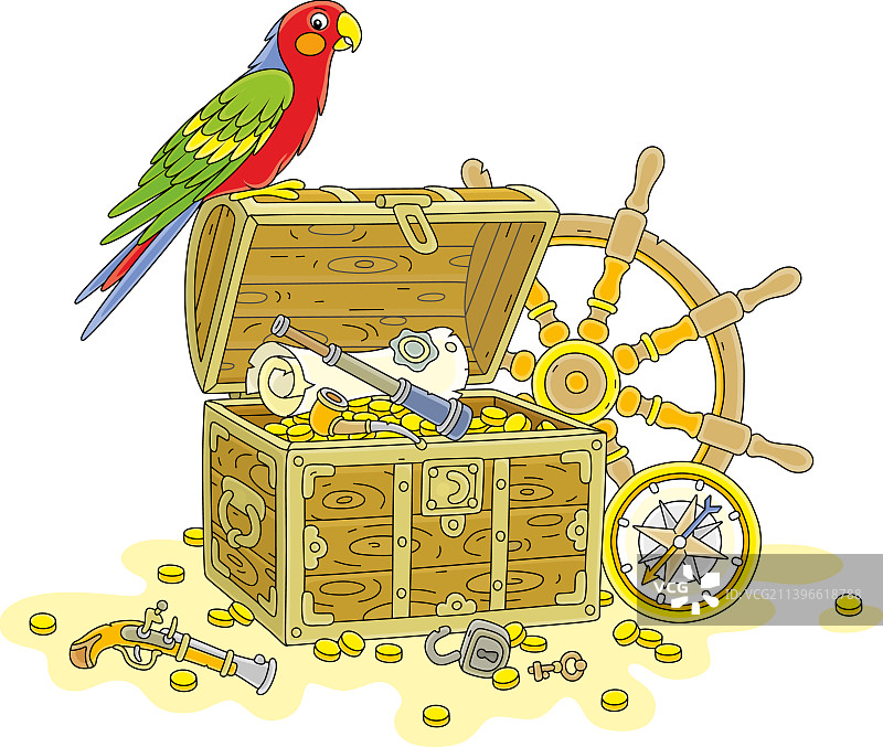 宝藏箱和船舵上的海盗鹦鹉图片素材