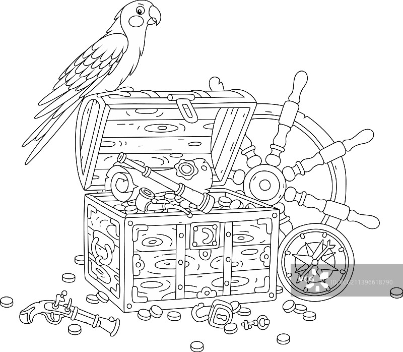 宝藏箱和船舵上的海盗鹦鹉图片素材