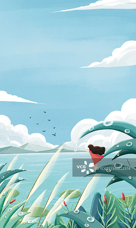 手绘风湖旁的芦苇绿植与人物插画图片素材