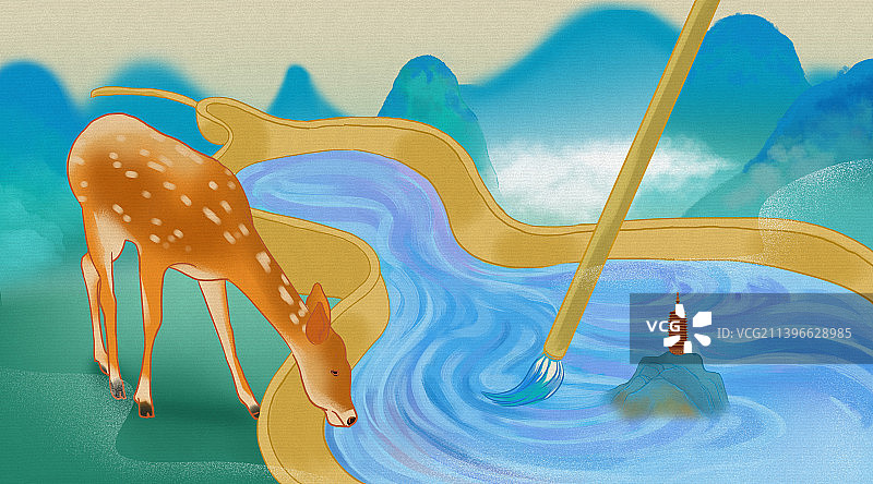 中国风新中式古风古典传统笔洗水墨画鹿山水画图片素材