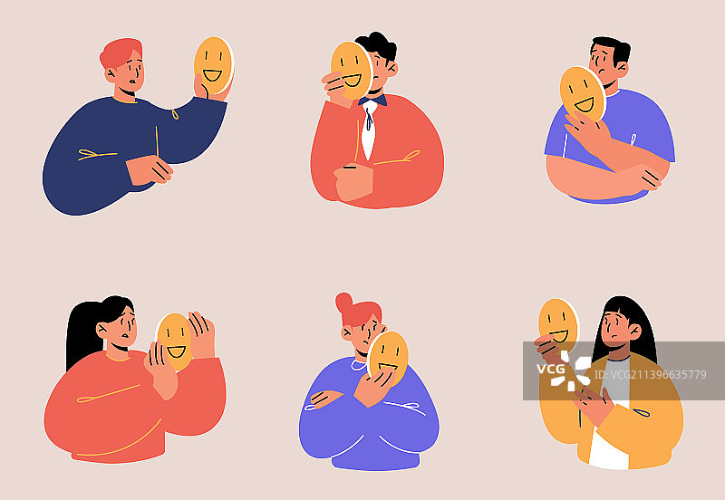 悲伤的人拿着带有微笑的假面具图片素材